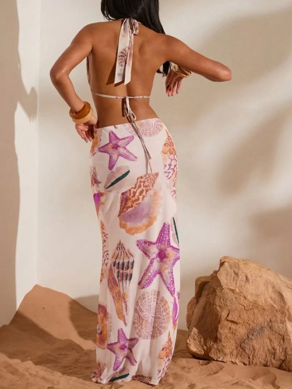 Multicolor Boho Women's Backless Dress With Ocean Life Print - Picture 2 of 6